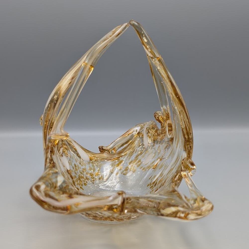 Vintage Murano Style Amber Gold Fleck Art Glass Basket Dish MCM Fall Table Decor - Picture 3 of 10
